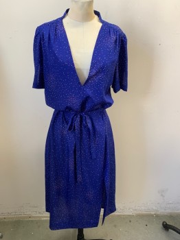 Womens, Dress, MTO, Royal Blue, Pink, Teal Blue, White, Polyester, Speckled, W34, B36, V-neck, Split Short Sleeves, Yoke with Gathers, Front Side Slit, Channel for Elastic Waist, MATCHING TIE BELT