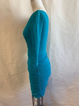 Womens, Cocktail Dress, JEAN PAUL GAULTIER, Teal Blue, Polyester, Solid, S, Surplice Neckline, 3/4 Sleeves, Rouched Short Skirt, Power Mesh,