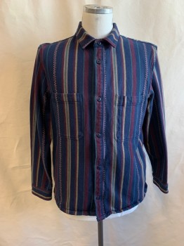 VANS, Navy Blue, Red Burgundy, Teal Green, Beige, Yellow, Cotton, Stripes, Stripes, Collar Attached, Button Front, Long Sleeves, 2 Pockets
