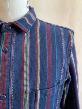VANS, Navy Blue, Red Burgundy, Teal Green, Beige, Yellow, Cotton, Stripes, Stripes, Collar Attached, Button Front, Long Sleeves, 2 Pockets