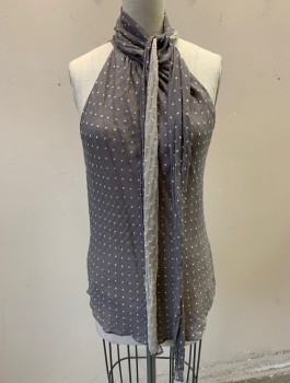 DVF, Gray, Lt Gray, Silk, Dots, Crinkled Texture Chiffon with Dimensional Embroidered Dots, Asymmetric Halter Neckline with Self Ties