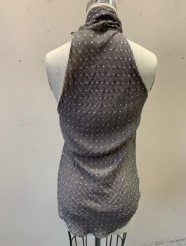 DVF, Gray, Lt Gray, Silk, Dots, Crinkled Texture Chiffon with Dimensional Embroidered Dots, Asymmetric Halter Neckline with Self Ties