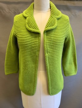 Womens, Sweater, THE MAY COMPANY, Lime Green, Acrylic, Solid, B:40, Cardigan, Horizontally Ribbed Knit, Raglan 3/4 Sleeves, Rounded Notched Lapel, Open at Front with No Closures,