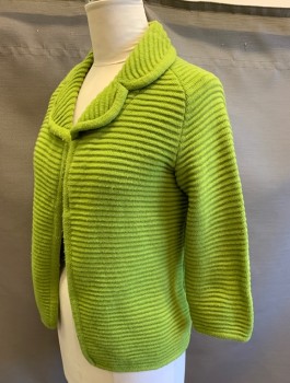 Womens, Sweater, THE MAY COMPANY, Lime Green, Acrylic, Solid, B:40, Cardigan, Horizontally Ribbed Knit, Raglan 3/4 Sleeves, Rounded Notched Lapel, Open at Front with No Closures,