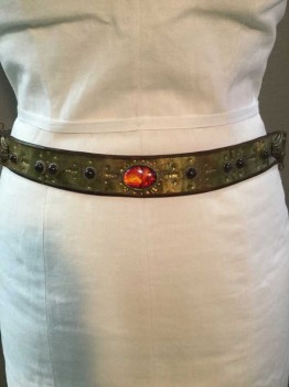 Unisex, Historical Fiction Belt, N/L, Dk Brown, Brass Metallic, Black, Red, Yellow, Leather, Metallic/Metal, Dots, Novelty Pattern, Dark Brown Reptile  Belt W/brass Inlay Work Detail W/black Round Stones & Red/yellow Stone in the Middle, 2 Needle Pins & Brown Cord Brass Tube End Closure, See Photo Attached,