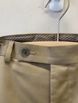 RALPH LAUREN, Beige, Wool, Solid, Flat Front, Button Tab, Zip Fly, 4 Pockets