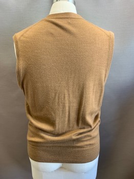 Mens, Sweater Vest, BROOKS BROTHERS, Camel Brown, Wool, Solid, L, Button Front, V-neck, 2 Pockets,