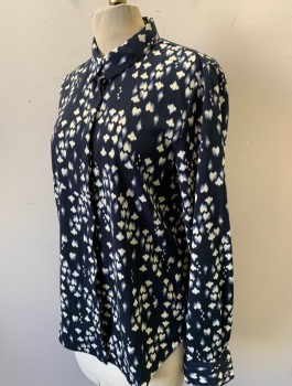 H&M, Navy Blue, Cream, Polyester, Abstract , Long Sleeves, Button Front, Collar Attached