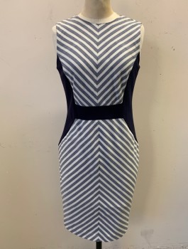 BLACK HALO, Slate Blue, White, Navy Blue, Polyester, Rayon, Chevron, Solid, Sheath Dress, Midsection is Slate and White Chevron Stripes, Sides and Waistband are Solid Navy, Round Neck, Fitted, Knee Length, Center Back Zipper