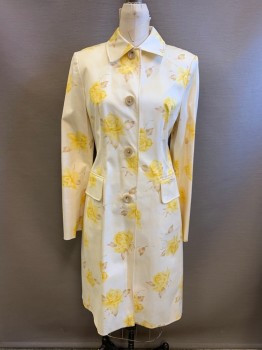 Womens, Coat, Trenchcoat, BANANA REPUBLIC, Beige, Yellow, Ecru, Cotton, Spandex, Floral, M, Collar Attached, Single Breasted, Button Front, 2 Faux Pockets, Belted Back, Long-line