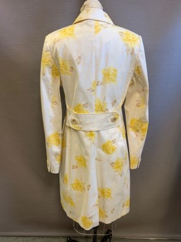 BANANA REPUBLIC, Beige, Yellow, Ecru, Cotton, Spandex, Floral, Collar Attached, Single Breasted, Button Front, 2 Faux Pockets, Belted Back, Long-line
