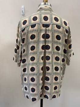 NL, Beige, Multi-color, Rayon, Geometric, C.A., B.F., S/S, 1 Pckt, Black with Dark Red Circles, Stripes Of Diamonds
