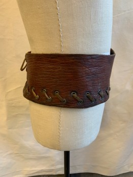 Unisex, Sci-Fi/Fantasy Belt, NL, Brown, Leather, Pebbled, Gold Metal Rings, Lace Up, Woven Leather Strips, Grommets, Aged