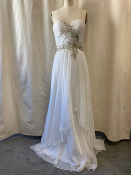 Womens, Evening Gown, CINDERELLA, White, Polyester, Acetate, 6, Strapless, Sweetheart Neckline, Pleated Bodice, Iridescent Rhinestones & Sequins Going From Upper Right Bust Diagonally Down, & Horizontally Across Waist, Water Fall Layers on Skirt, Zip Back, Floor Length