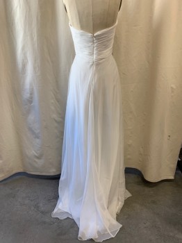 Womens, Evening Gown, CINDERELLA, White, Polyester, Acetate, 6, Strapless, Sweetheart Neckline, Pleated Bodice, Iridescent Rhinestones & Sequins Going From Upper Right Bust Diagonally Down, & Horizontally Across Waist, Water Fall Layers on Skirt, Zip Back, Floor Length