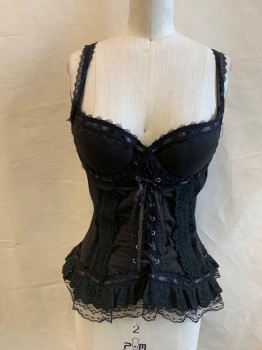 TEAL F, Black, Cotton, Solid, Camisole Corset Top, Padded Bust, Eyelash Lace Trim, Faux Corsetted Front, Eyelet Lace Tim and Ruffle, Hook & Eye Back Closure