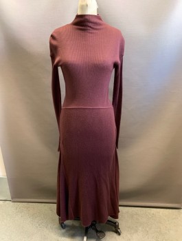 THEORY, Red Burgundy, Acrylic, Wool, Mock Neck, L/S, Ribbed, Ankle Length Hem