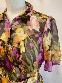 CHRISTY DAWN, Brown, Olive Green, Orange, Yellow, Silk, Floral, S/S, Peak Collar, Snaps At Top Bodice, Pleated Front, Cap Sleeves, Full Length, Chiffon, Side Zipper