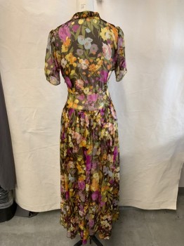 CHRISTY DAWN, Brown, Olive Green, Orange, Yellow, Silk, Floral, S/S, Peak Collar, Snaps At Top Bodice, Pleated Front, Cap Sleeves, Full Length, Chiffon, Side Zipper