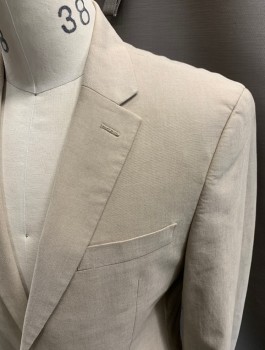TOMMY HILFIGER, Beige, Cotton, Spandex, Solid, Single Breasted, 2 Buttons, 3 Pockets, Notched Lapel, Double Vent