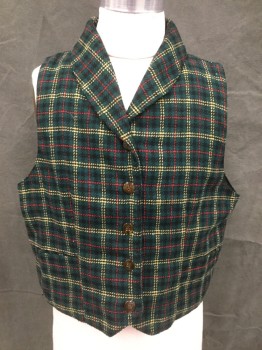 GAP, Forest Green, Red, Tan Brown, Black, Polyester, Wool, Plaid, Button Front, Shawl Collar, 2 Pockets, Black Ribbon Drawstring Waist Tie Back