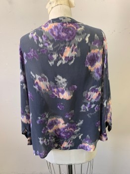 JOE'S, Blue-Gray, Aubergine Purple, Lavender Purple, Rose Pink, Polyester, Abstract , V Neck with Placket, Shoulder Smocking, Georgette, Button Cuffs, Band Collar