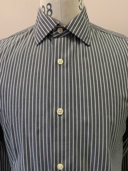 BANANA REPUBLIC, Charcoal Gray, White, Cotton, Stripes - Vertical , L/S, Button Front, Collar Attached,