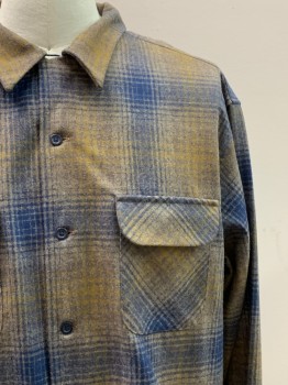 PENDLETON, Khaki Brown, Mustard Yellow, Navy Blue, Wool, Plaid, L/S, Button Front, Collar Attached, Chest Pocket