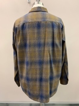 PENDLETON, Khaki Brown, Mustard Yellow, Navy Blue, Wool, Plaid, L/S, Button Front, Collar Attached, Chest Pocket