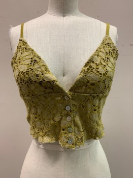 URBAN OUTFITTERS, Moss Green, Cotton, Nylon, Solid, Spaghetti Strap, V-N, Button Front, Lace With Lied Bra Cups, Cropped