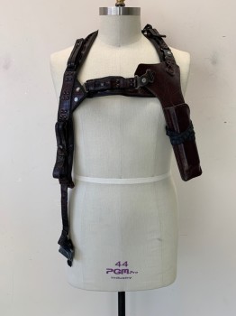 Unisex, Sci-Fi/Fantasy Harness, MTO, Chestnut Brown, Leather, Textured Fabric, Woven Leather, Leather Over Black Webb, Snap Buttons, Silver Metal D-Rings, Leather Holster Attached