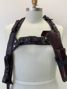 Unisex, Sci-Fi/Fantasy Harness, MTO, Chestnut Brown, Leather, Textured Fabric, Woven Leather, Leather Over Black Webb, Snap Buttons, Silver Metal D-Rings, Leather Holster Attached