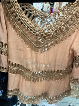 N/L, Burnt Peach Sheer Crepe with Rayon Yarn Inserts And Trim, V-N, V-back, S/S,