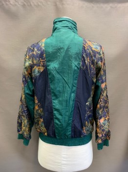 Mens, Windbreaker, NL, Navy Blue, Goldenrod Yellow, Tan Brown, Leather, Abstract , S, High Neck, Can Be Folded to Collar, Drawstring at Neck, Zip Front, L/S