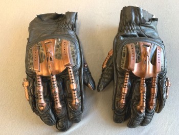 N/L MTO, Black, Rose Gold Metallic, Brown, Leather, Fiberglass, Pair, Faux Metal Extensions on Fingers and Back of Hand, Brown Aged Leather Palms with Rough Mends, Wrist Length, Raw Edge Hem, Futuristic, Made To Order,  Multiples