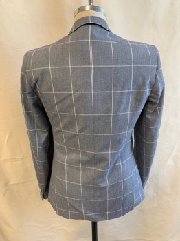 PAISLEY & GRAY, Lt Blue, White, Polyester, Rayon, Heathered, Plaid-  Windowpane, Single Breasted, 2 Buttons,  4 Pockets, 4 Button Sleeves, Notched Lapel, Double Vent