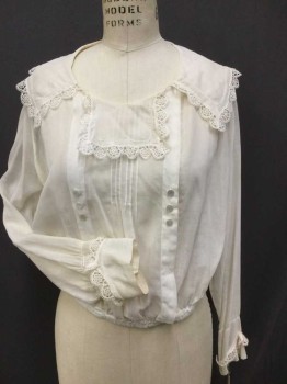 Womens, Blouse 1890s-1910s, MTO, Cream, Cotton, Solid, W34MAX, B38, Sheer Gauze Cotton, Scoop Neck, Sailor Collar/Square Panel with Lace Trim and Fagotting, 2 Pleats Front (one Hiding Button Front), Pintucks Center Front, Lace and Fagotting On Sleeve Cuff,