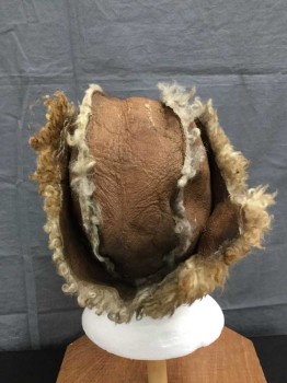 Unisex, Historical Fiction Headpiece, M.T.O., Brown, Cream, Leather, Solid, Small, Mongolian Cap Sleeves, Made Of Brown Leather & Cream Shearling. Aged