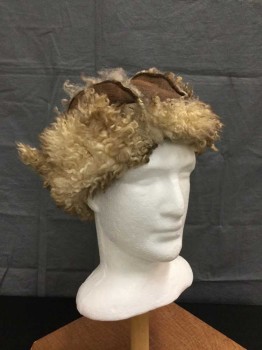 Unisex, Historical Fiction Headpiece, M.T.O., Brown, Cream, Leather, Solid, Small, Mongolian Cap Sleeves, Made Of Brown Leather & Cream Shearling. Aged