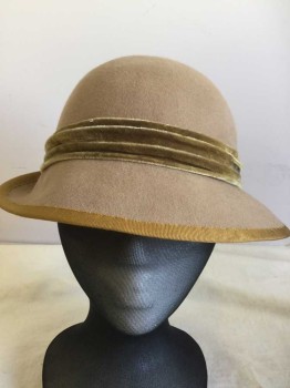 Womens, Hat , PATRICIA UNDERWOOD, Camel Brown, Khaki, Green, Gold, Wool, Silk, Solid, Short Brimmed, Soft Structured, Round Crown, Gathered Velvet Band, Gold Grosgrain Trim, 1930's Repro