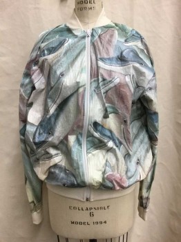 Mens, Jacket, PRIDE PRODUCTS, Assorted Colors, Gray, Cream, Slate Blue, Sea Foam Green, Novelty Pattern, M, Tyvek Material with Painted Dolphin Heads Pattern, Zip Front, Cream Ribbed Neck, Cuffs & Waistband,
