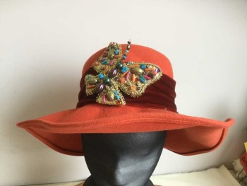 Womens, Hat , Whittall & Shon, Orange, Dk Red, Gold, Turquoise Blue, Coral Orange, Wool, 7, Wool Floppy Brim Hat with Wired Edge, Dark Red Velvet Gathered Band, Gold Glitter Butterfly with Coral/turquoise/Multi Beads