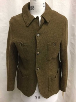 Mens, Jacket 1890s-1910s, NO LABEL, Olive Green, Brown, Red Burgundy, Wool, Heathered, 40, Single Breasted, 3 Button Closure, 4 Patch Pockets, Multicolor Thread Wool, Unlined,