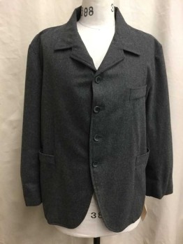 Mens, Jacket 1890s-1910s, NO LABEL, Charcoal Gray, Wool, Heathered, 44, Unlined, Long Sleeves, 3 Faux Welt Pockets, 4 Button Closure,
