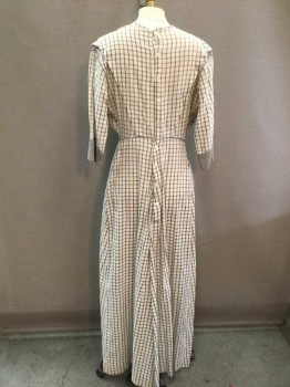 Womens, Dress 1890s-1910s, MTO, Off White, Gray, Denim Blue, Cotton, Check , 28, 36, Off-white/Gray Check, 3/4 Sleeve with Solid Gray Cuff and Denim Trim, Off-white Floral Lace Yoke, Solid Gray Panel Center Front with Denim Stripe Detail, Pleated From Waistline Upwards, Denim Detail At Armholes and Waistline, Pintucked Skirt, Floor Length Hem, Button Back,