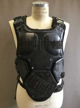 Mens, Breastplate, NO LABEL, Black, Polyester, Poly Vinyl Cloride, 38/42, 3 Buckles On Each Side, Front and Back Padding, Metal Grommets and Nailheads, Shoulder Buckles