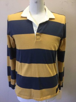 ABERCROMBIE, Mustard Yellow, Navy Blue, Cream, Cotton, Stripes, Mustard/Navy Stripe Long Sleeves, Cream Collar Attached, Ribbed Knit Navy Cuffs, 3 Buttons