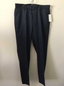 CALVIN KLEIN, Navy Blue, Polyester, Viscose, Solid, Flat Front, Button Tab, Belt Loops, 4 Pockets, Slim Fit