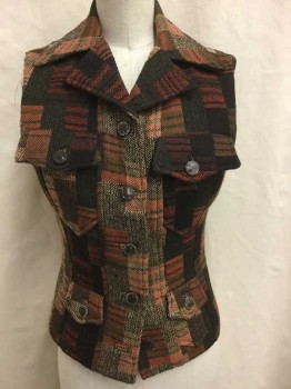 Womens, Vest, BAZAR / C. LECROIX, Brown, Rust Orange, Olive Green, Tan Brown, Cream, Wool, Nylon, Stripes, Patchwork, Assorted Lines/Dashes In Squares Pattern, Single Breasted, 5 Pewter Buttons, Wide Notched Collar, 4 Pockets, Back Is Olive with Tan + Brown Windowpane Abstract Stripes, Inside Lining Is Beige with Tan/Olive Abstract Zig Zag Stripe, Fitted Shape,