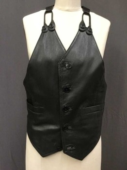 Womens, Leather Vest, Kookie, Black, Leather, Large, Button Front, Suspender Strap Vest, Welt Pockets, Halter Style, Adjustable Straps, Black Plastic Buttons